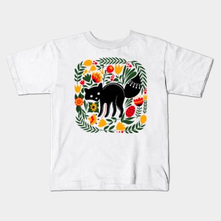 Folk Art Fox with Bright Flowers and Leaves Kids T-Shirt